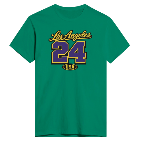 Los Angeles 24 USA texttryck i guld, lila på grön t-shirt, sportig college-stil.