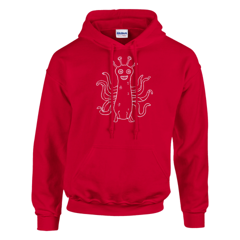 Unik streetwear-design med ett glatt tentakelmonster på röd hoodie