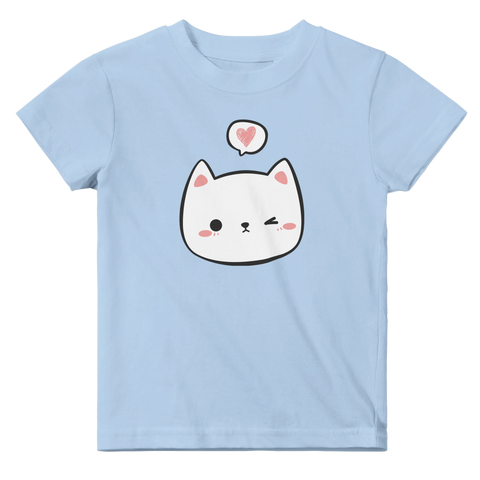 Kawaii katt med hjärta i pratbubbla på ljusblå baby t-shirt.