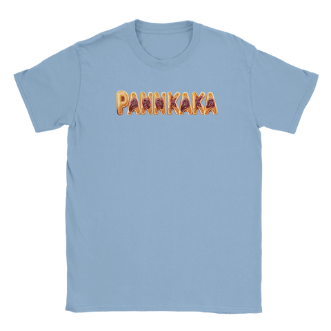 Grafiskt motiv av bokstäver formade som pannkakor tryckt på en ljusblå t-shirt
