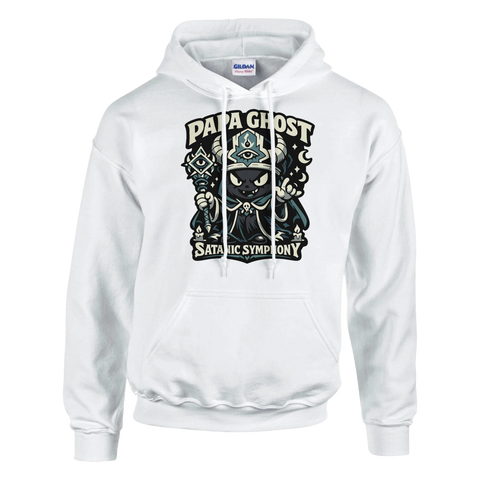 Vit hoodie med detaljrikt grafiskt tryck av en ockult symfoni