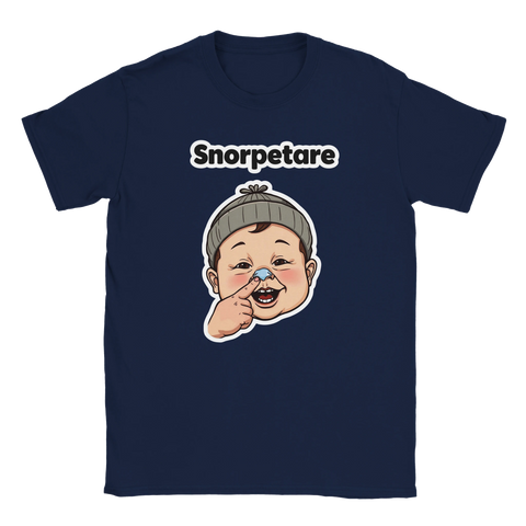 Lekfull t-shirt i marinblått med grafiskt motiv av en snorpetande unge