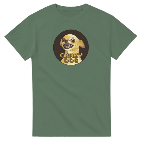 humortröja Crazy Dog grön t-shirt med galen hund