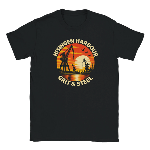 T-shirt med hamnmotiv i retrostil och texten Hisingen Harbour – Grit & Steel