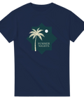 Stilren design med palm och stjärnhimmel – marinblå semester t-shirt