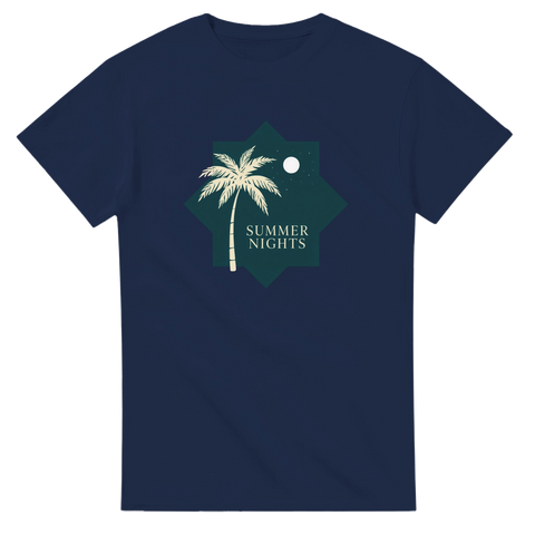 Stilren design med palm och stjärnhimmel – marinblå semester t-shirt