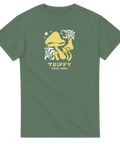 Vintage-inspirerad design med gula svampar på en olivgrön t-shirt