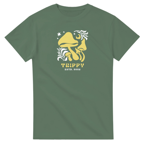 Vintage-inspirerad design med gula svampar på en olivgrön t-shirt