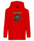 Humoristisk t-shirt med förhistorisk dinosaurie i solbrillor på röd hoodie
