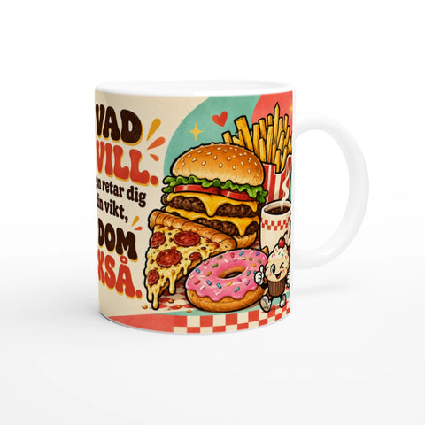 Grafiskt motiv med hamburgare, pizza och donuts i lekfull retrostil på mugg