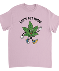 Lekfullt motiv av en gående cannabis-figur med text på lila t-shirt