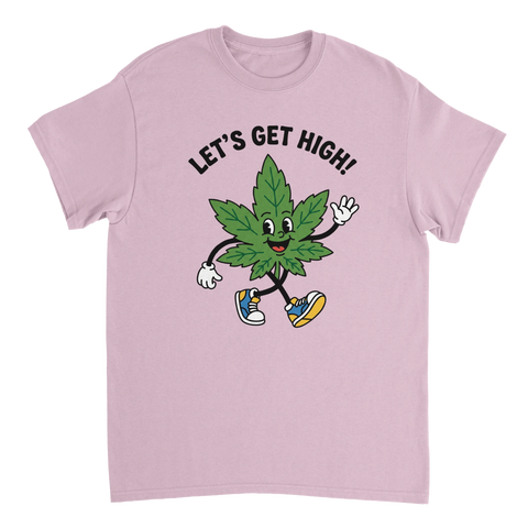 Lekfullt motiv av en gående cannabis-figur med text på lila t-shirt
