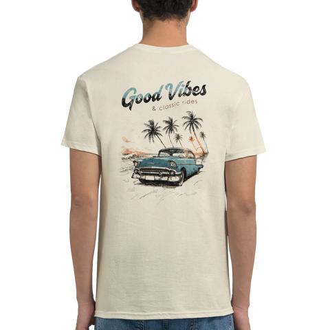 Vintage-inspirerat motiv med klassisk bil och texten Good Vibes på ryggen