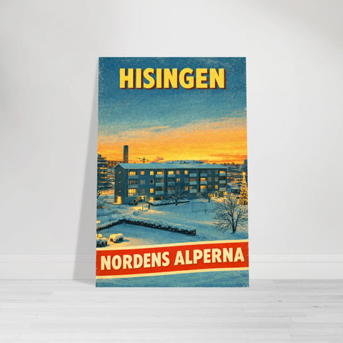 Hisingen Nordens Alperna poster med snötäckt landskap, lägenhetshus och orange himmel i retrostil.