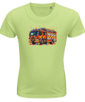 Ljusgrön barn-t-shirt med en brandbil och färgstänk