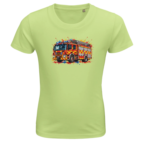 Ljusgrön barn-t-shirt med en brandbil och färgstänk