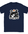 Humoristisk t-shirt med marinblå bas och grafisk spaghettiwestern-parodi