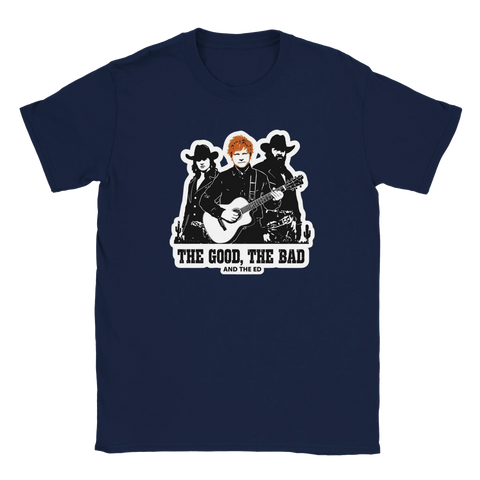 Humoristisk t-shirt med marinblå bas och grafisk spaghettiwestern-parodi