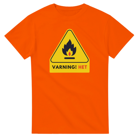 Orange t-shirt med ett eldigt och roligt varningsmotiv
