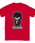 Röd t-shirt med ironisk illustration av karaktär och texten Six Seven