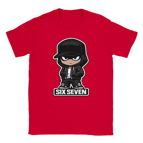 Röd t-shirt med ironisk illustration av karaktär och texten Six Seven