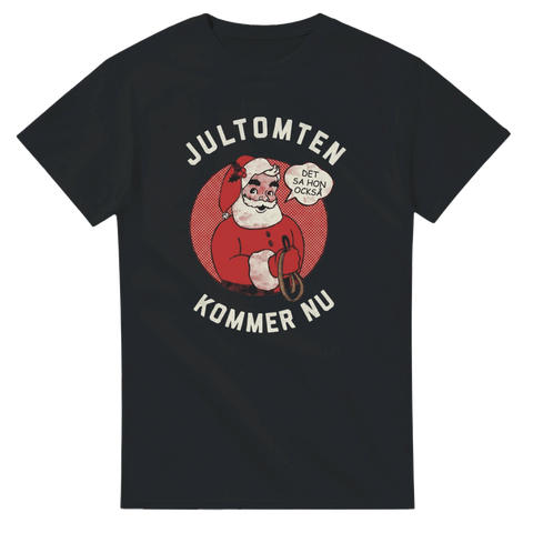 Grafisk t-shirt med roligt julcitat och klassisk jultomte i pop art-stil