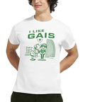 GAIS-tryck med fotbollsmålvakt och supporter som kysser på vit t-shirt.