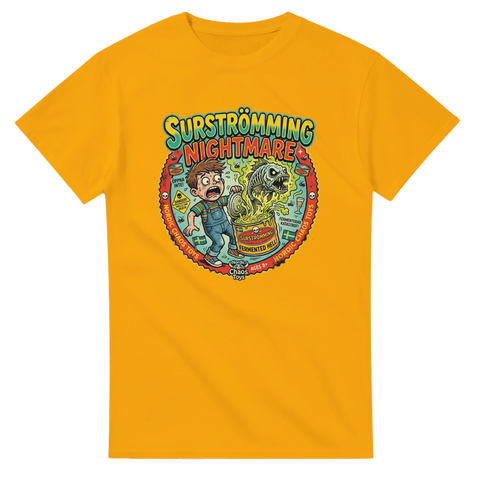 Humoristiskt tryck med texten Surströmming Nightmare och svensk flagga – gul t-shirt