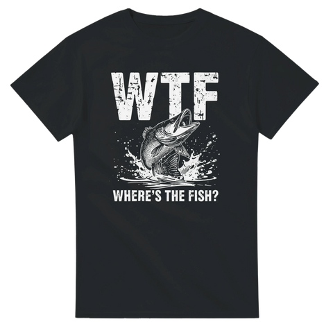 Grafisk illustration av hoppande gädda med texten WTF – rolig fisket-shirt
