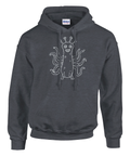 Vitt tecknat monster med tentakler och stora ögon på en mörkgrå hoodie.