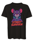 Svart t-shirt med detaljrikt tryck av en råtta med attityd i retrostil