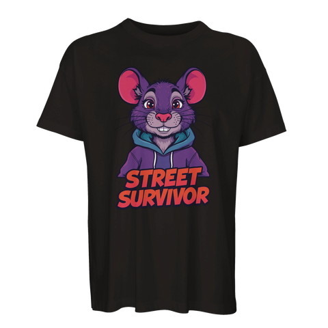 Svart t-shirt med detaljrikt tryck av en råtta med attityd i retrostil