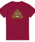 Glad bajsemoji med ögon och tänder på vinröd t-shirt.