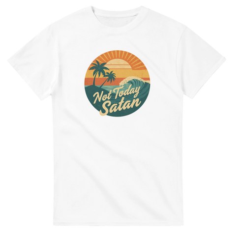 Retro "Not Today Satan" t-shirt med solnedgång, palmer och vågor.