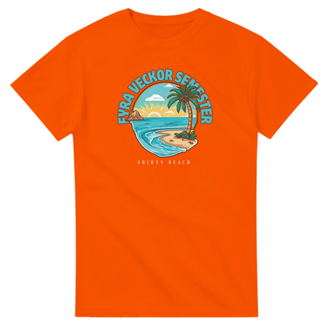 Illustration av en tropisk solnedgång och texten Fyra veckor semester på en orange t-shirt