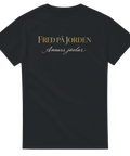 Svart t-shirt med guldtryck Fred på jorden annars jävlar i elegant typsnitt