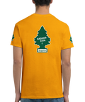 Doftgransmotiv "Raggarsvin Skogsfrisk" på gul t-shirt med tryck på rygg och ärmar.