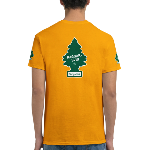 Doftgransmotiv "Raggarsvin Skogsfrisk" på gul t-shirt med tryck på rygg och ärmar.