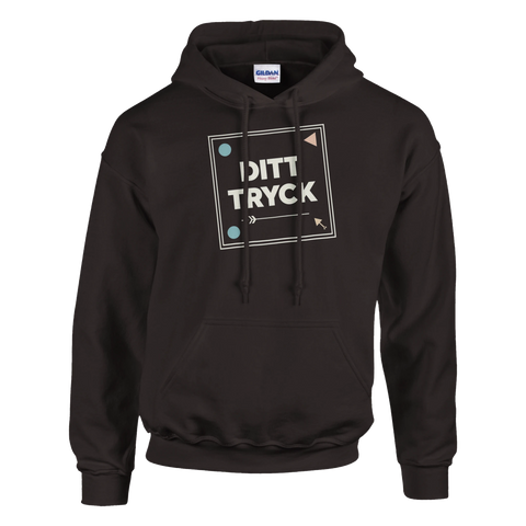 Svart hoodie med tryckt ram som visar plats för personligt motiv