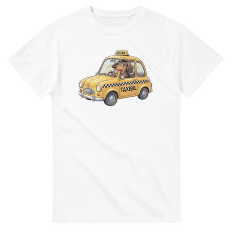 Illustration av en tax som kör gul taxi – vit grafisk t-shirt