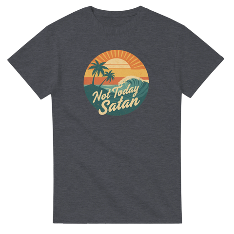 Retro Not Today Satan-tryck med palmer, solnedgång, våg på mörkgrå t-shirt.