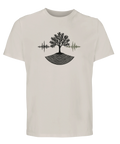 Svart träd med ljudvågor och jordlager på ljusbeige ekologisk t-shirt.