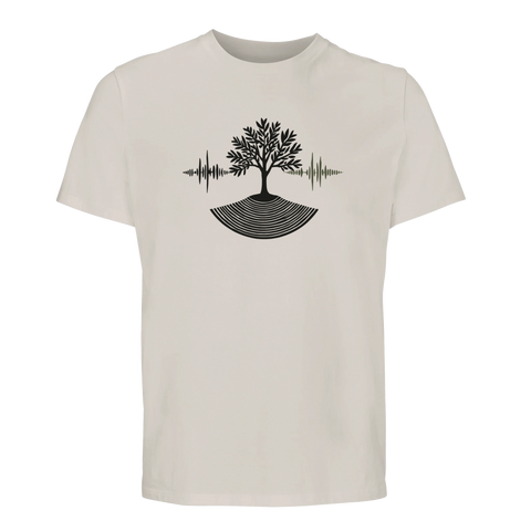 Svart träd med ljudvågor och jordlager på ljusbeige ekologisk t-shirt.