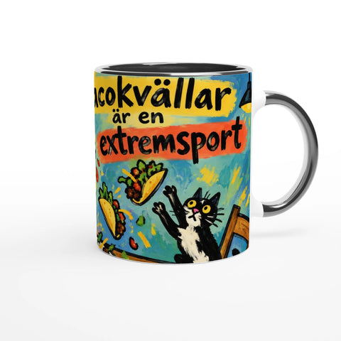 Mugg med texten Tacokvällar är en extremsport, tacos och en katt.
