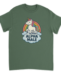 Militärgrön t-shirt med humoristiskt motiv av en enhörning och regnbåge