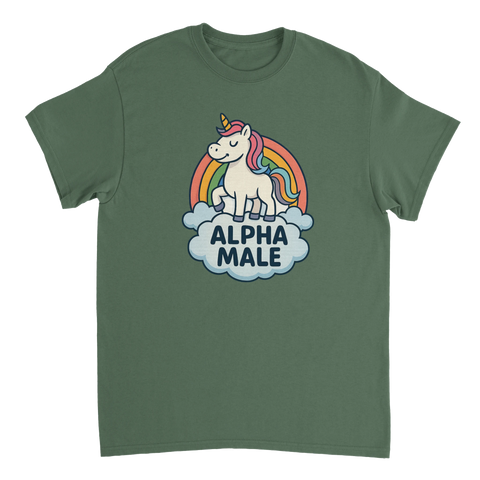 Militärgrön t-shirt med humoristiskt motiv av en enhörning och regnbåge