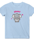 Ljusblå barn t-shirt med illustrerad elefant, hjärtan och kram-citat