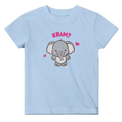 Ljusblå barn t-shirt med illustrerad elefant, hjärtan och kram-citat