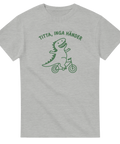 Rolig dinosaurie med korta armar på liten cykel – retro motiv
