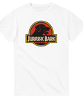 Jurassic Bark logga med svart hund i röd cirkel, text "JURASSIC BARK" på vit t-shirt.